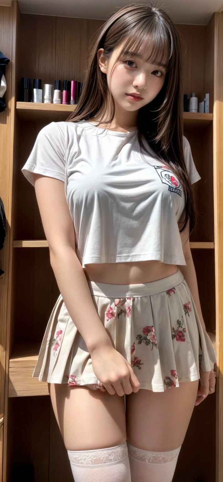 masterpiece, best quality, illustration, Super detailed, fine details, High resolution, 8K,wall paper, perfect dynamic composition,(Details High quality, realistic depiction of eyes:1.3), baseball cap, earrings, (black t-shirt), (black pleated skirt), straight hair, black hair color, Big Natural Color Lip, sexy pose, (perfect body shape), crying a little、 Harajuku style、20 year old girl、cute type、lolita, hposing Gravure Idol, full body photo、focus on crotch, huge breasts