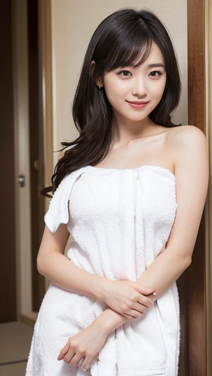 (highest quality、Tabletop、8k、Best image quality、Award-winning works)、One beautiful woman、(Naked with a bath towel wrapped around her:1.2)、(Standing in an elegant fitting room:1.1)、The most natural and practical dressing room decor、Clean and tidy changing rooms、(Holding your chest with your hands:1.1)、(No makeup:1.1)、(Wet shiny hair:1.1)、(Wet, tightly packed hair:1.1)、(Ultra-fine moisturized, lustrous skin:1.1)、(Ultra-fine, lustrous and moisturized skin:1.1)、Upper body photo、Brightly lit face、Very bright、Ultra high definition beauty face、Ultra high resolution perfect beautiful teeth、Ultra HD Hair、(Ultra-high-definition wet and shiny skin:1.1)、Ultra-high quality glossy lips、(Accurate anatomy:1.1)、Big Breasts、Cleavage、Accentuate your body lines、look at me、(Short:1.1)