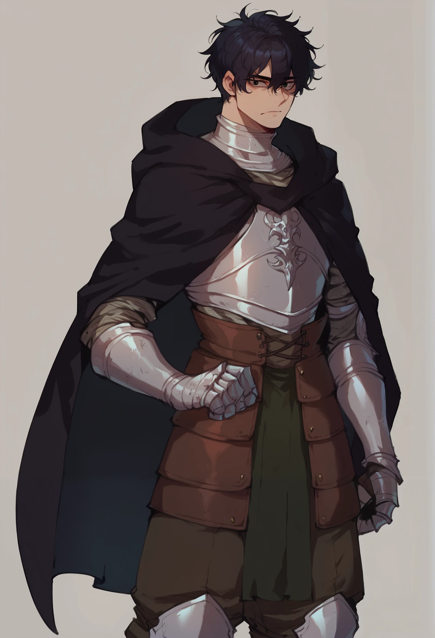 ((male)), ((solo)), medieval knight, fair white skin, athletic and muscular build, short disheveled black hair, black eyes, half-closed tareme eyes, wearing detailed plate armor, black hooded cloak, anime style, sharp and defined features, focused and serious expression, cowboy shot, Nyantcha Style,