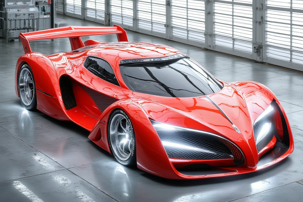 The height of the car is very low 、Mitsuoka Motor's Orochi is stored in a modern garage.An LED is placed on the front part and shines white