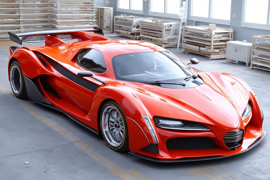 The height of the car is very low 、Mitsuoka Motor's Orochi is stored in a modern garage.An LED is placed on the front part and shines white