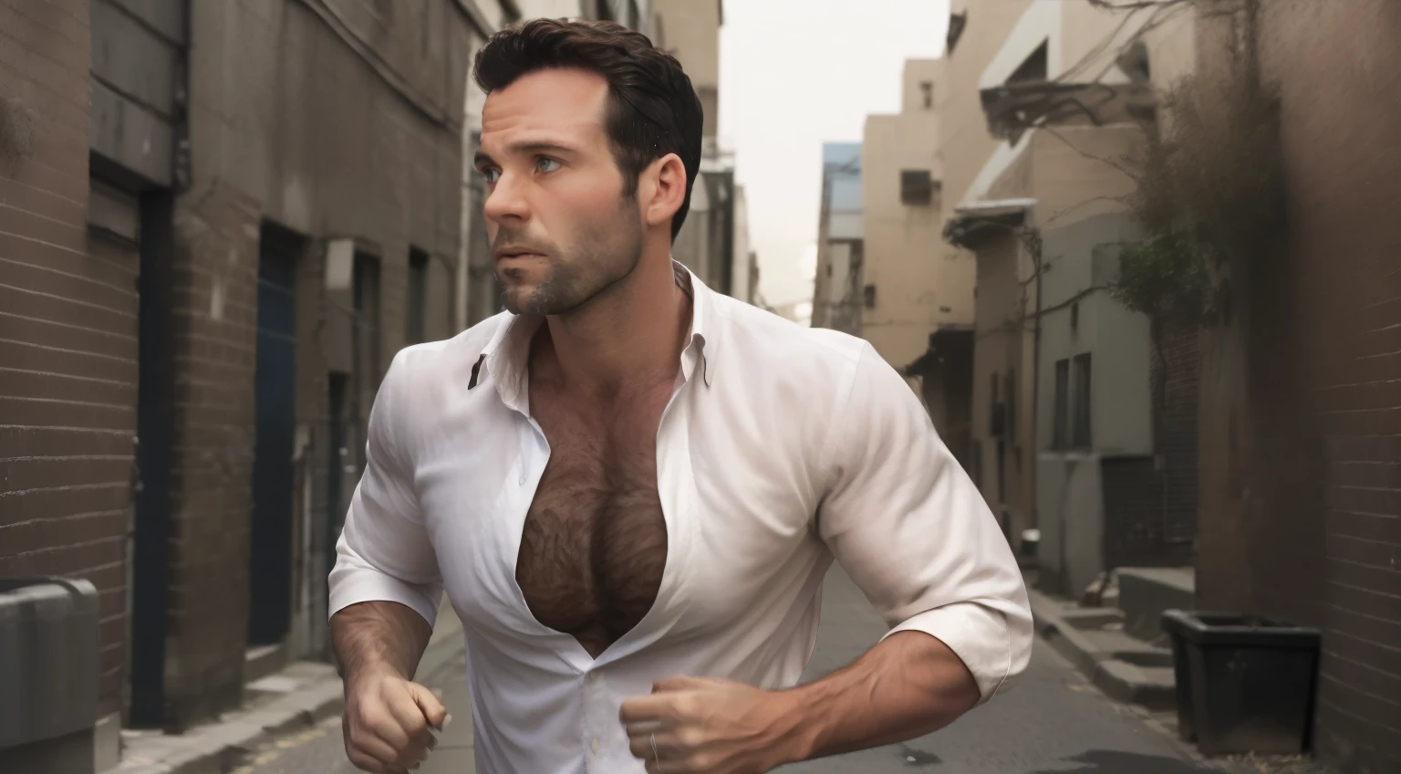 eionbailey, masterpiece, best quality, realistic, photorealistic, outdoors, (night:1.9), (back alley:1.6), 1boy, 30 year-old male, solo, upper body, (running toward the viewer:1.8), hands in pockets, highly detailed face and body, perfect skin, black hair, (short hair:1.1), (parted hair:1.2), crew cut hairstyle, undercut hairstyle, fade hairstyle, extremely handsome face, blue eyes, (lips parted:1.3), (clean shaven face:1.5), perfect face, lean muscle, (thin:1.1), (skinny:1.1), (massive thick rounded pectorals:1.9), pectoral lift, defined abdominal muscles, huge biceps, very small waist very hairy, body hair, (very hairy chest:1.2), dark chest hair, hair on throat and neck, hair on and above collarbones, very hairy pectorals, hairy abs, hairy arms, dark arm hair, hairy forearms, hair on backs of hands, (white oxford shirt:1.6), (long sleeves:1.2), (rolled-up sleeves:1.5), (unbuttoned chest:1.3), (skin-tight shirt:1.1), depth of field