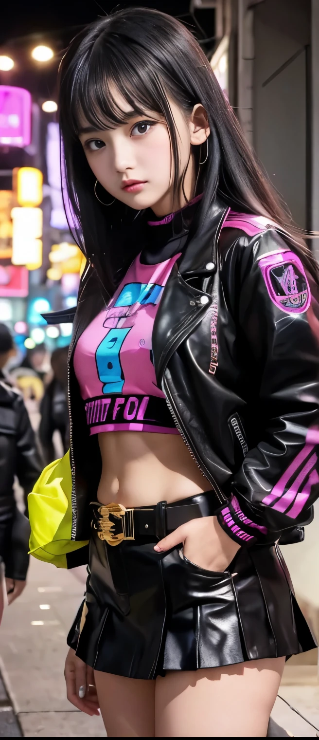 Cool Idol Girl (black pink hair )、A pure girl's face、 hypo、Fluorescent pink jacket、 gold sequin tight mini skirt、Skeleton Belt、、Glowing Punk Town