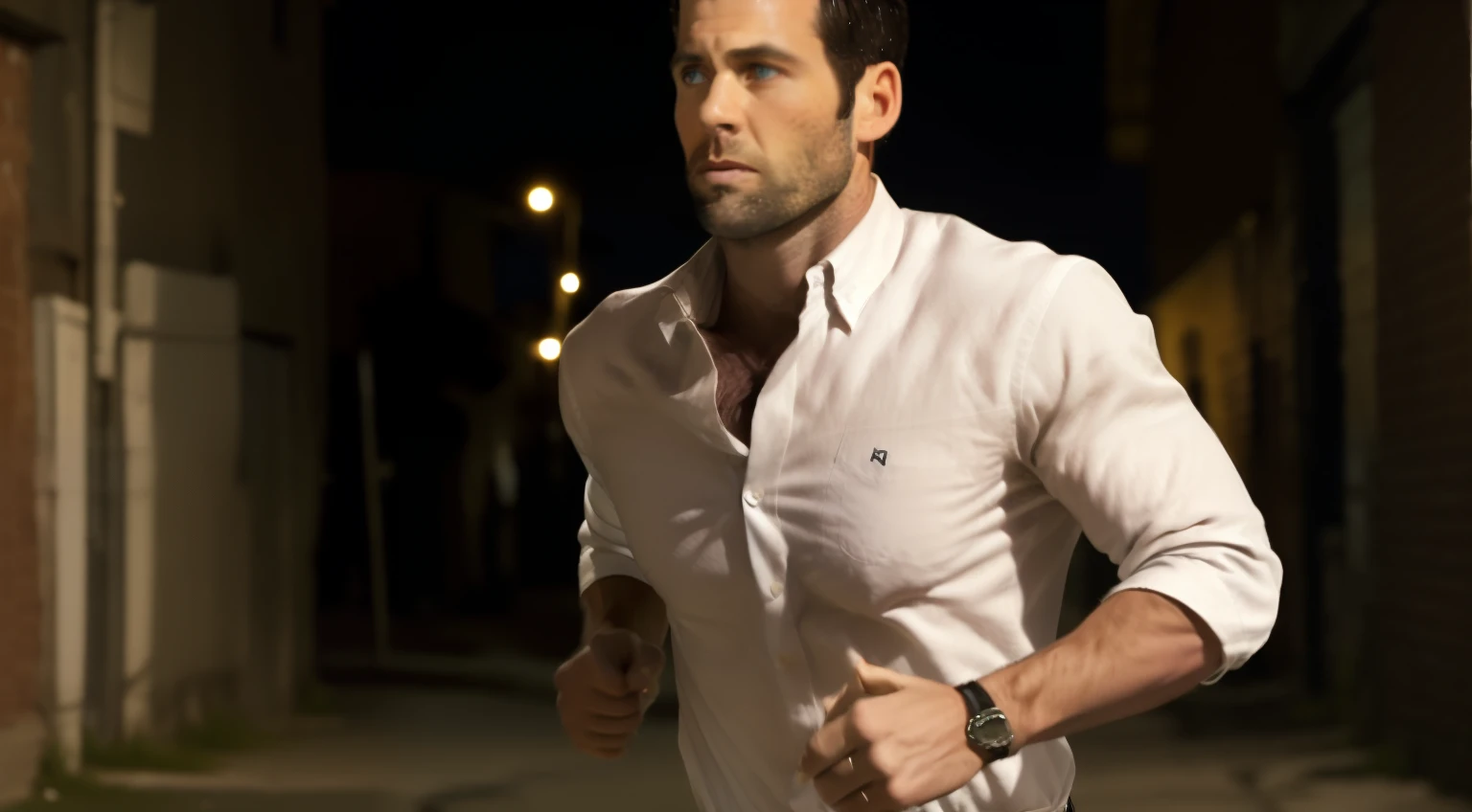 eionbailey, masterpiece, best quality, realistic, photorealistic, outdoors, (night:1.9), (back alley:1.5), 1boy, 30 year-old male, solo, upper body, (running toward the viewer:1.8), hands in pockets, highly detailed face and body, perfect skin, black hair, (short hair:1.1), (parted hair:1.2), crew cut hairstyle, undercut hairstyle, fade hairstyle, extremely handsome face, blue eyes, (lips parted:1.3), (clean shaven face:1.5), perfect face, lean muscle, (thin:1.1), (skinny:1.1), (massive thick rounded pectorals:1.8), pectoral lift, defined abdominal muscles, huge biceps, very small waist very hairy, body hair, (very hairy chest:1.2), dark chest hair, hair on throat and neck, hair on and above collarbones, very hairy pectorals, hairy abs, hairy arms, dark arm hair, hairy forearms, hair on backs of hands, (white oxford shirt:1.6), (long sleeves:1.2), (rolled-up sleeves:1.5), (unbuttoned chest:1.3), (skin-tight shirt:1.1), depth of field