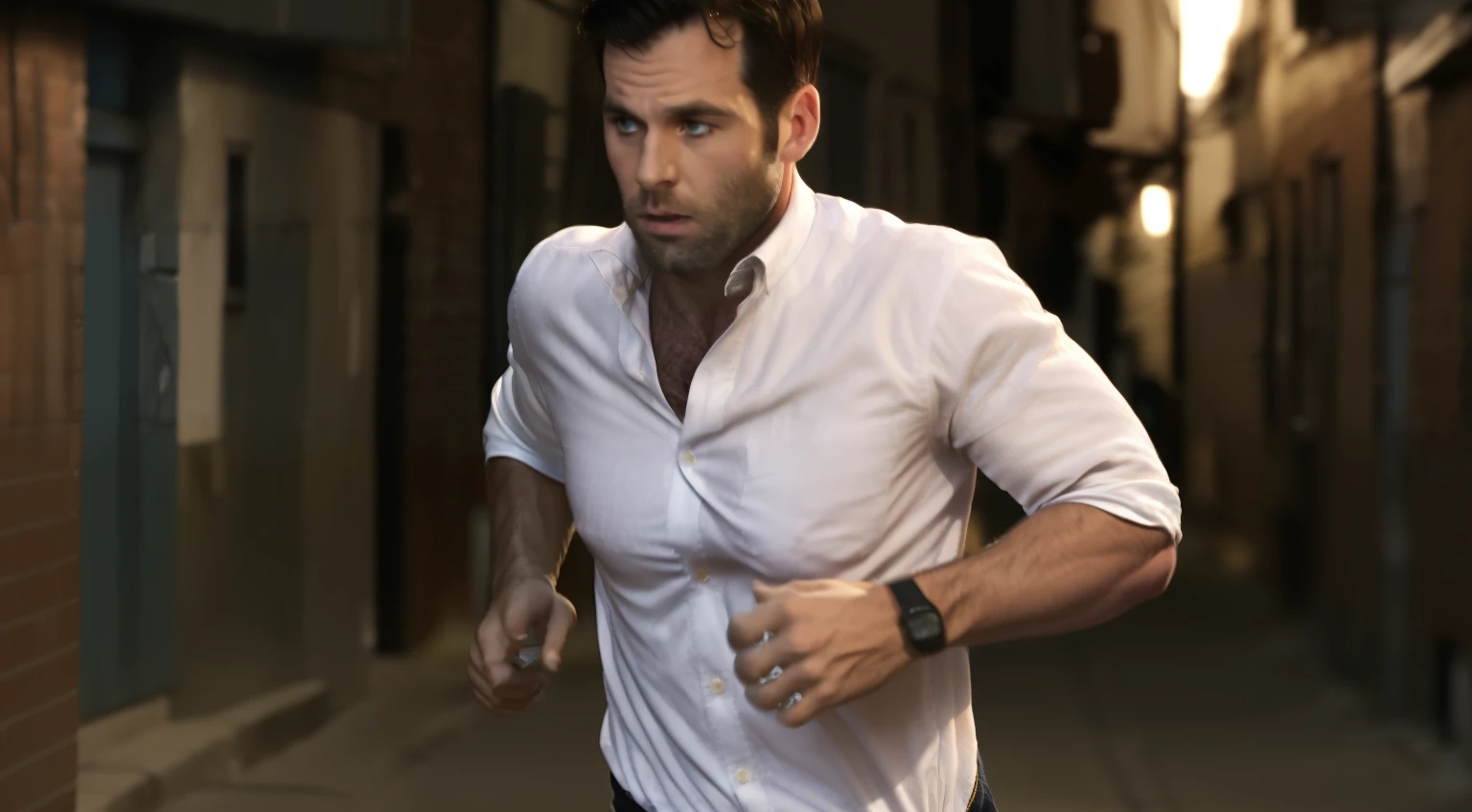 eionbailey, masterpiece, best quality, realistic, photorealistic, outdoors, (night:1.9), (back alley:1.5), 1boy, 30 year-old male, solo, upper body, (running toward the viewer:1.8), hands in pockets, highly detailed face and body, perfect skin, black hair, (short hair:1.1), (parted hair:1.2), crew cut hairstyle, undercut hairstyle, fade hairstyle, extremely handsome face, blue eyes, (lips parted:1.3), (clean shaven face:1.5), perfect face, lean muscle, (thin:1.1), (skinny:1.1), (massive thick rounded pectorals:1.8), pectoral lift, defined abdominal muscles, huge biceps, very small waist very hairy, body hair, (very hairy chest:1.2), dark chest hair, hair on throat and neck, hair on and above collarbones, very hairy pectorals, hairy abs, hairy arms, dark arm hair, hairy forearms, hair on backs of hands, (white oxford shirt:1.6), (long sleeves:1.2), (rolled-up sleeves:1.5), (unbuttoned chest:1.3), (skin-tight shirt:1.1), depth of field