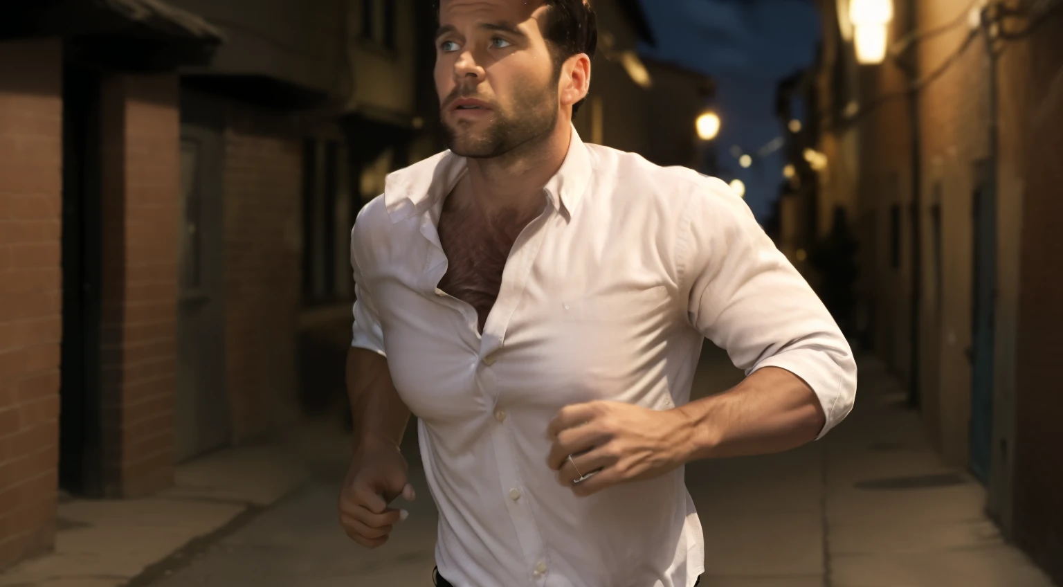 eionbailey, masterpiece, best quality, realistic, photorealistic, outdoors, (night:1.9), (back alley:1.5), 1boy, 30 year-old male, solo, upper body, (running toward the viewer:1.8), hands in pockets, highly detailed face and body, perfect skin, black hair, (short hair:1.1), (parted hair:1.2), crew cut hairstyle, undercut hairstyle, fade hairstyle, extremely handsome face, blue eyes, (lips parted:1.3), (clean shaven face:1.5), perfect face, lean muscle, (thin:1.1), (skinny:1.1), (massive thick rounded pectorals:1.8), pectoral lift, defined abdominal muscles, huge biceps, very small waist very hairy, body hair, (very hairy chest:1.2), dark chest hair, hair on throat and neck, hair on and above collarbones, very hairy pectorals, hairy abs, hairy arms, dark arm hair, hairy forearms, hair on backs of hands, (white oxford shirt:1.6), (long sleeves:1.2), (rolled-up sleeves:1.5), (unbuttoned chest:1.3), (skin-tight shirt:1.1), depth of field