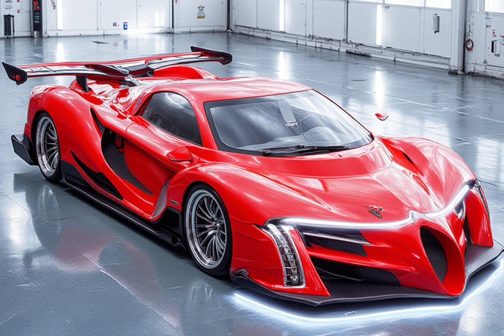 The height of the car is very low 、Mitsuoka Motor's Orochi is stored in a modern garage.An LED is placed on the front part and shines white