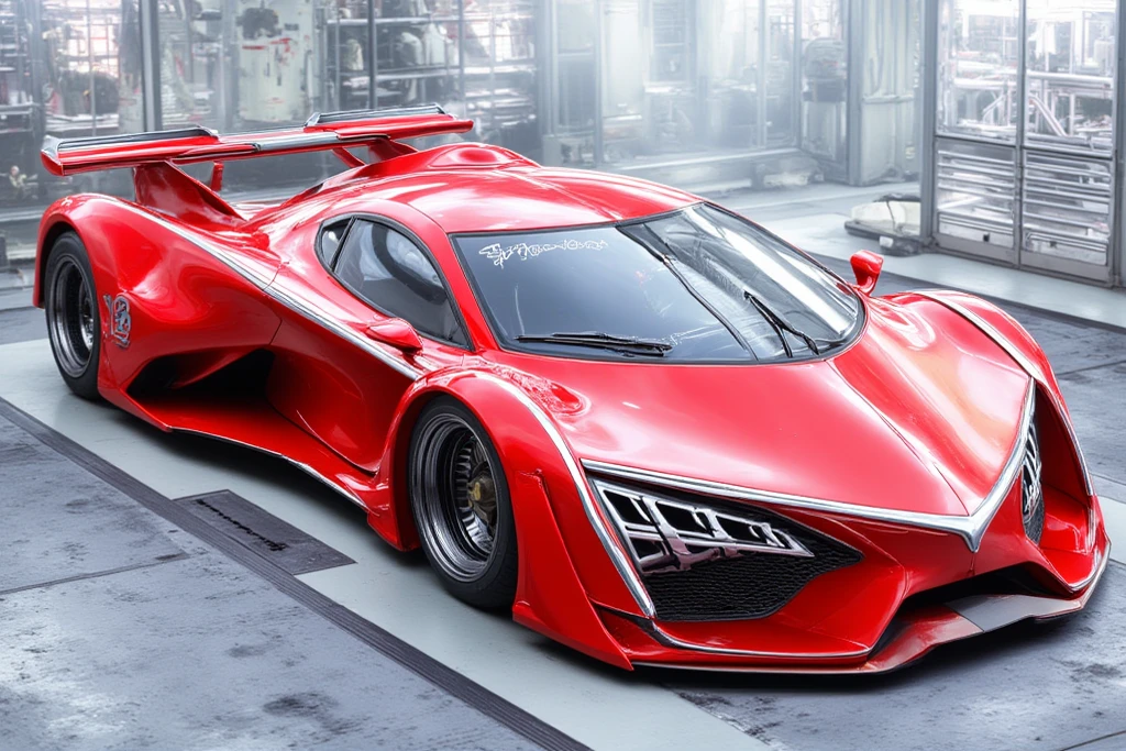 The height of the car is very low 、Mitsuoka Motor's Orochi is stored in a modern garage.An LED is placed on the front part and shines white