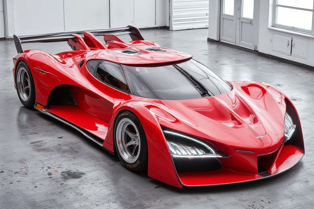 The height of the car is very low 、Mitsuoka Motor's Orochi is stored in a modern garage.An LED is placed on the front part and shines white