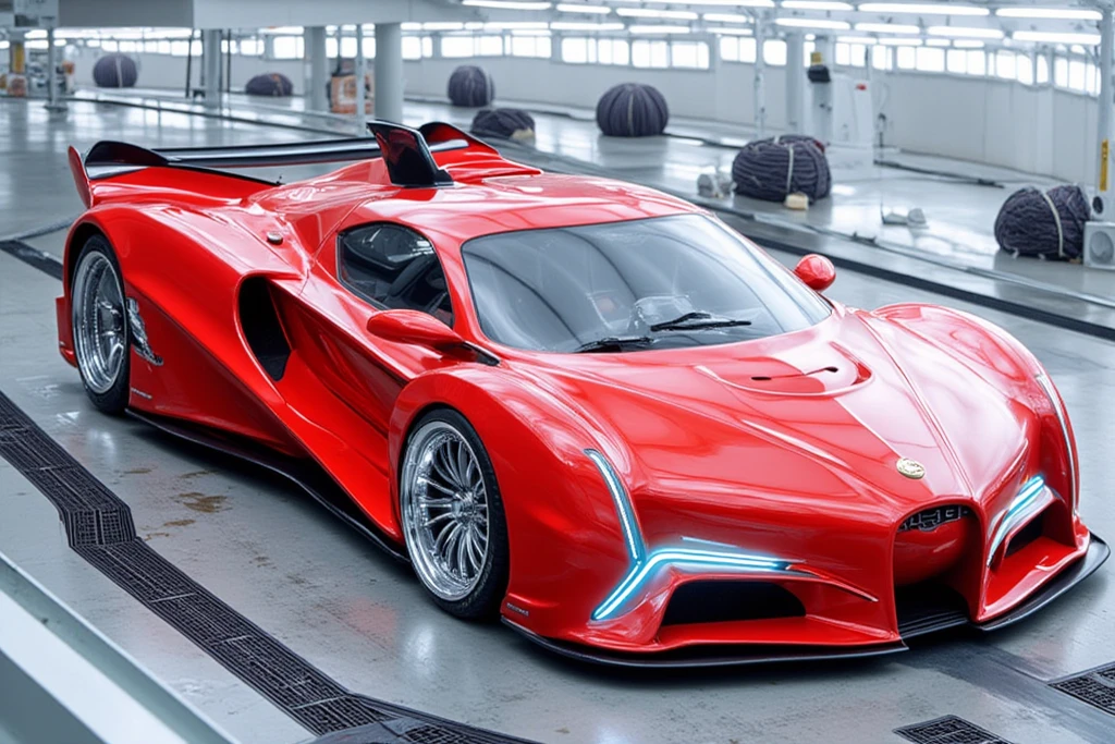 The height of the car is very low 、Mitsuoka Motor's Orochi is stored in a modern garage.An LED is placed on the front part and shines white