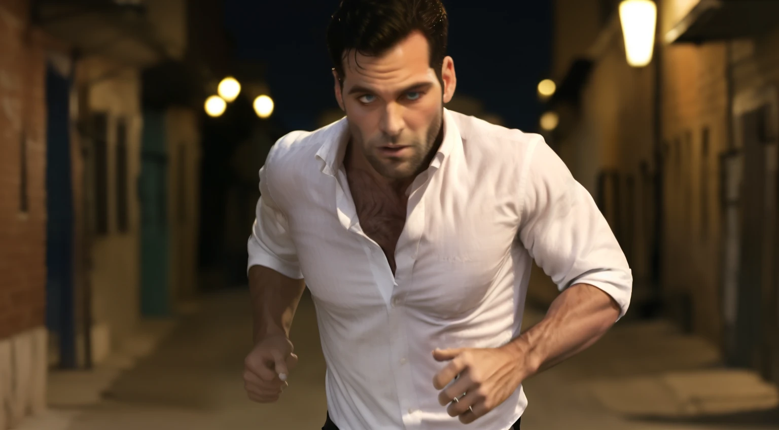 eionbailey, masterpiece, best quality, realistic, photorealistic, outdoors, (night:1.9), (back alley:1.5), 1boy, 30 year-old male, solo, upper body, (running toward the viewer:1.8), hands in pockets, highly detailed face and body, perfect skin, black hair, (short hair:1.1), (parted hair:1.2), crew cut hairstyle, undercut hairstyle, fade hairstyle, extremely handsome face, blue eyes, (lips parted:1.3), (clean shaven face:1.5), perfect face, lean muscle, (thin:1.1), (skinny:1.1), (massive thick rounded pectorals:1.8), pectoral lift, defined abdominal muscles, huge biceps, very small waist very hairy, body hair, (very hairy chest:1.2), dark chest hair, hair on throat and neck, hair on and above collarbones, very hairy pectorals, hairy abs, hairy arms, dark arm hair, hairy forearms, hair on backs of hands, (white oxford shirt:1.6), (long sleeves:1.2), (rolled-up sleeves:1.5), (unbuttoned chest:1.3), (skin-tight shirt:1.1), depth of field