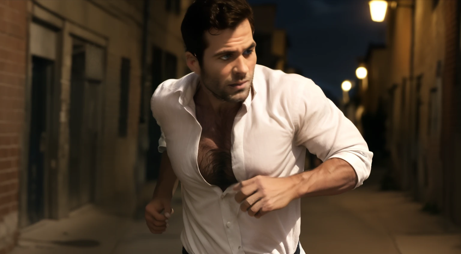 eionbailey, masterpiece, best quality, realistic, photorealistic, outdoors, (night:1.9), (back alley:1.5), 1boy, 30 year-old male, solo, upper body, (running toward the viewer:1.8), hands in pockets, highly detailed face and body, perfect skin, black hair, (short hair:1.1), (parted hair:1.2), crew cut hairstyle, undercut hairstyle, fade hairstyle, extremely handsome face, blue eyes, (lips parted:1.3), (clean shaven face:1.5), perfect face, lean muscle, (thin:1.1), (skinny:1.1), (massive thick rounded pectorals:1.8), pectoral lift, defined abdominal muscles, huge biceps, very small waist very hairy, body hair, (very hairy chest:1.2), dark chest hair, hair on throat and neck, hair on and above collarbones, very hairy pectorals, hairy abs, hairy arms, dark arm hair, hairy forearms, hair on backs of hands, (white oxford shirt:1.6), (long sleeves:1.2), (rolled-up sleeves:1.5), (unbuttoned chest:1.3), (skin-tight shirt:1.1), depth of field