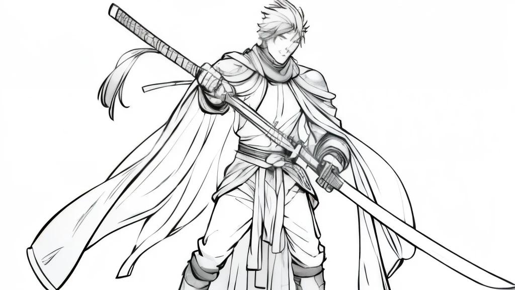 A simple manga-style warrior . He has a strong stature and wears simple armor . His cape blows slightly in the wind . He holds a katana in his hand and looks resolutely forward. The background is minimal , with a few suggested lines for depth