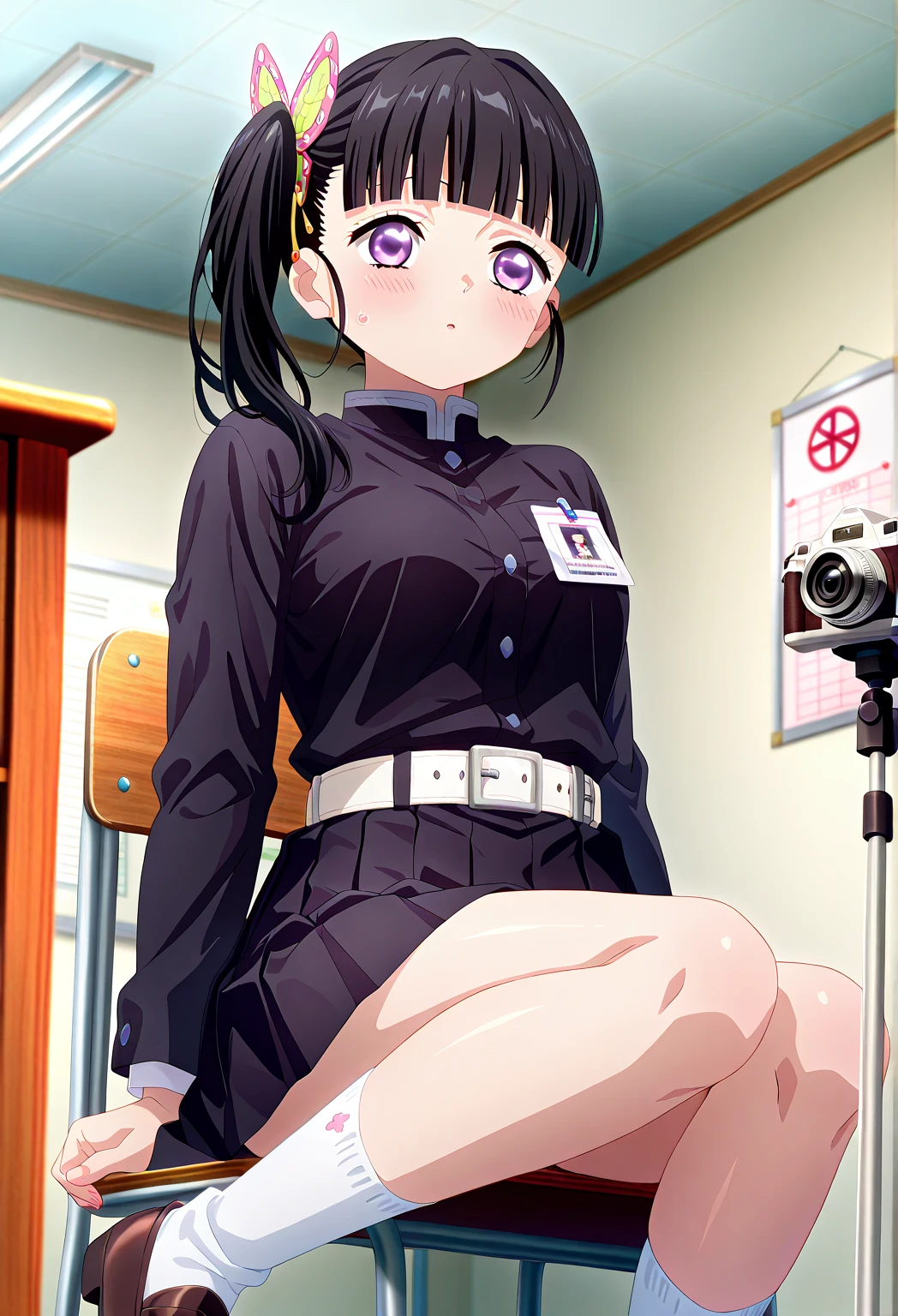 (unity 8k wallpape),(best quality),(high resolution),(ultra-detailed),(perfect anatomy),(beautiful detailed eyes),japanese mature,Beauty,slender,50yo,house wife,black hair,middlehair,policewoman,Navy blue uniform,mini skirt,(White panties),(Black Stockings),(garter belt),cameltoe,(panty shot),Sitting in a chair,(open leg:1.8),Woman looking down at me,Glaring at me,Looks uncomfortable,BREAK,Office at night,Alone,Looking up from a low angle,(Women&#39;s panties in front of me),(Open your legs in front of my face),