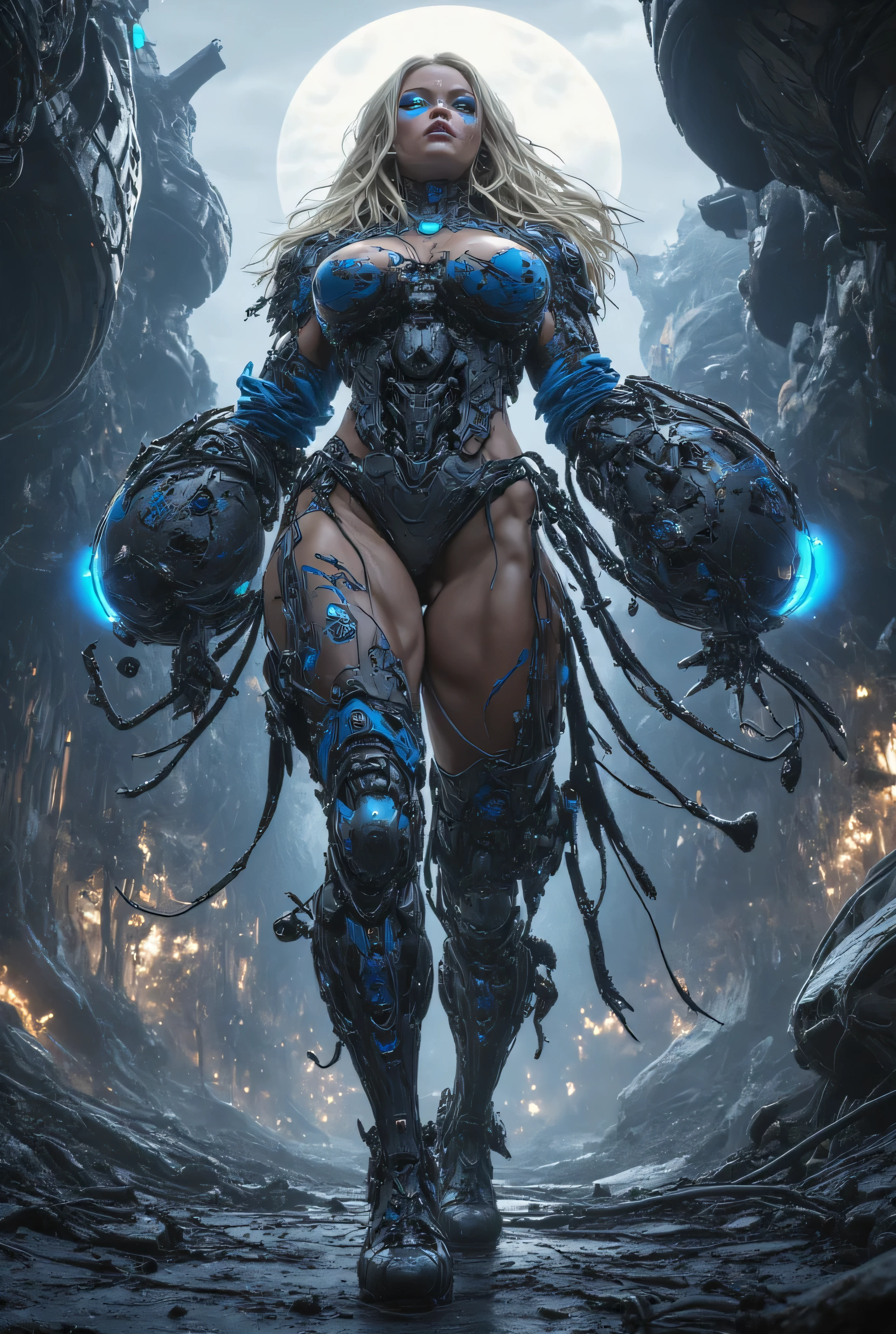 ((best quality)), (Masterpeace, high quality, high resolution, realistic photo, photography, detailed, no tattoos on face), 1 japanese monster succub tentacle pornstar women fighter gangster , age from 30 to 36 years old, face Xo Gisele, 8k_wallpaper, extremely detailed eyes, (large masterpiece digital art), (intricate details:1.3 ), (ultra-detailed:1.3), (sharp focus:1.3), (natural lighting:1.05), (vivid colors:1.3), (best quality:1.4), HDR, studio lightings, expressive eyes, full body shot, detailed face, beautiful face, perfect face, a wary focused look and a lower lip slightly bitten by the upper teeth from tension, ((voluminous thick sandy blonde hair)), (korean light blue pink predatory makeup), {{wet light bronze skin}}, ({wet light bronze skinned female}), (big breasts), huge chest, (pelvis widens:2.4), big wide ass, powerful relief muscles of the abdomen and legs, powerful strong muscles of the arms, she is wearing a full body heavy nano symbionic powerful bulky armor in the style of a heavy blue black dragoness, 10 long slightly glowing tails with sharp short blue tips, she walks through an abandoned underground space station among the ruins of ships under the moon's cold light, fantasy space style, ultra-realism, hyperrealism, cinematic, dark fantasy, chinese style,