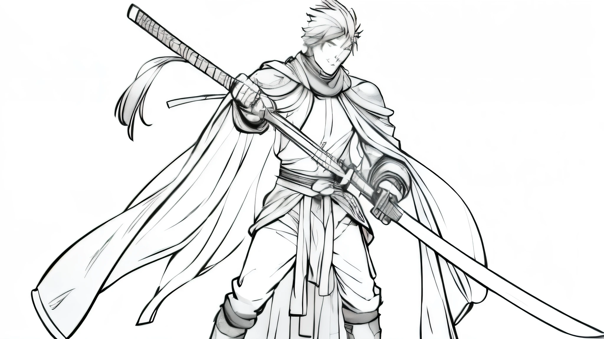  A simple manga-style warrior .  He has a strong stature and wears simple armor . His cape blows slightly in the wind .  He holds a katana in his hand and looks resolutely forward.  The background is minimal ,  with a few suggested lines for depth 