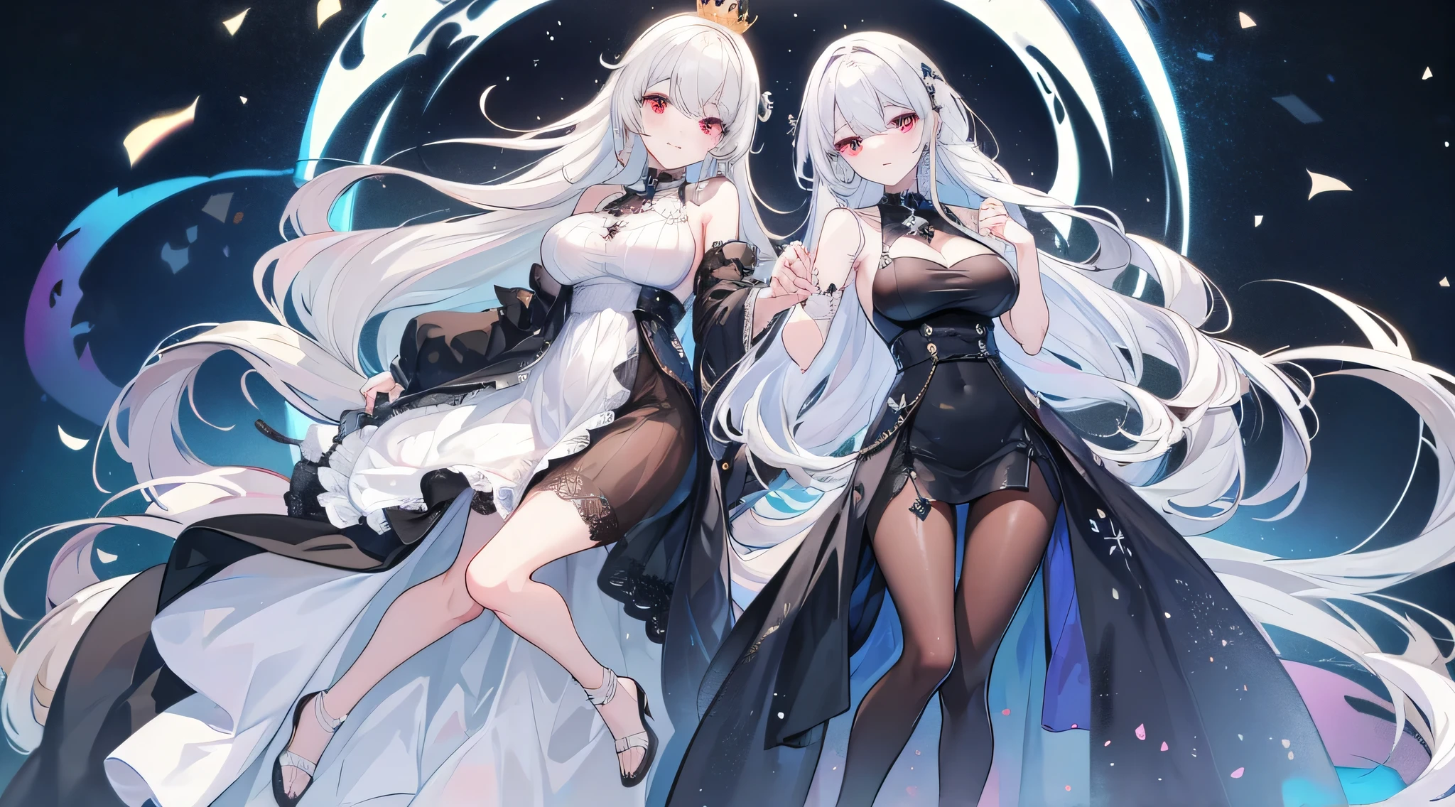 omega_tpa, 2girls, earrings, black armor, lipstick, pale skin, ponytail, sitting, bench, starry sky, crossed legs, looking to the side, moonlight, night, highly detailed, absurdres, masterpiece,twins,gigantic breasts,curvy,milf,pregnant,{extremely detailed eyes},{{{masterpiece}}},{{{best quality}}},{ultra-detailed},{illustration},