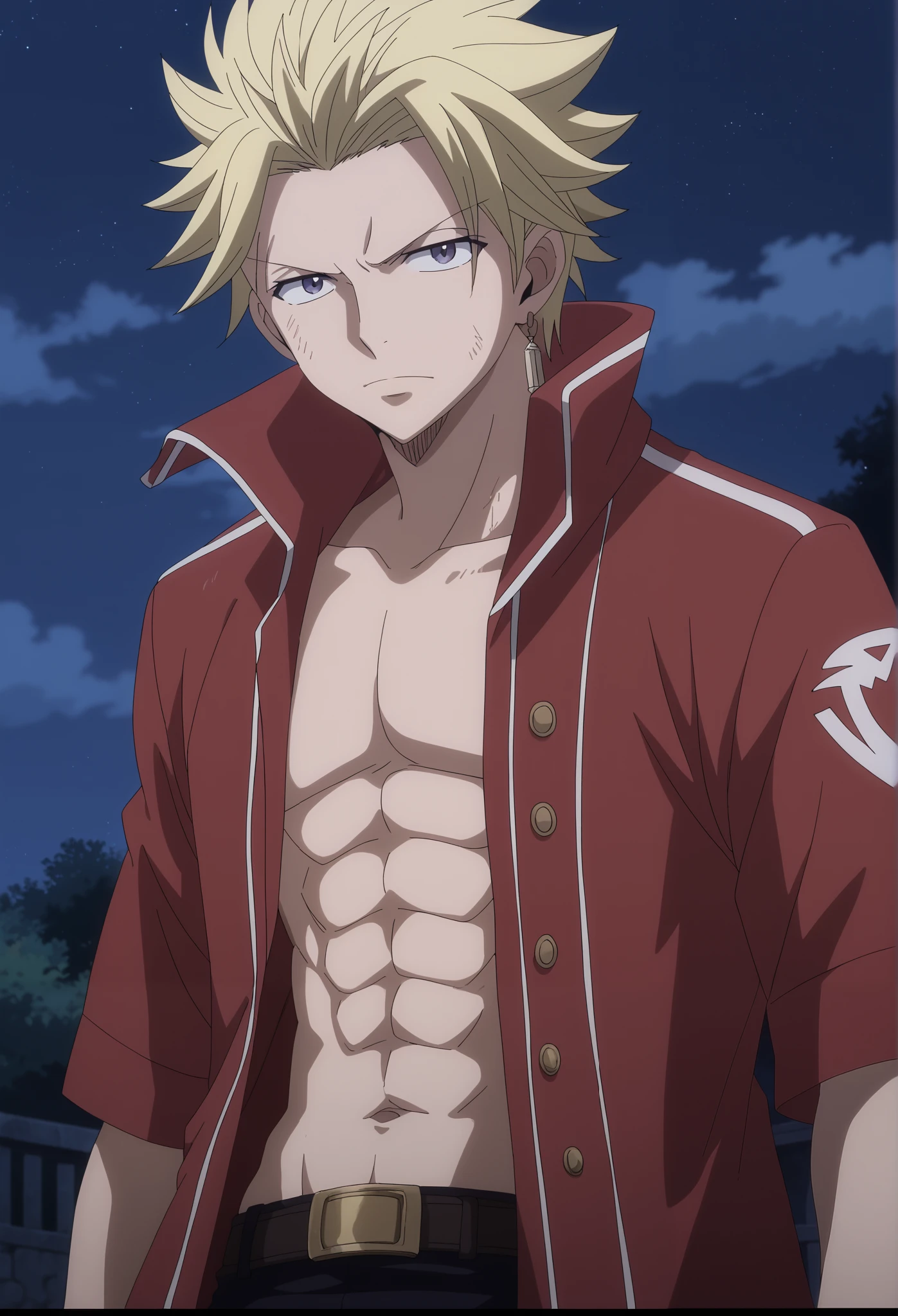 front view, Frontal portrait, close-up, looking at viewer, score_9, score_8_up, score_7_up, source_anime, StingFT, Sting blonde hair, light yellow Sting, 1boy, male focus, anime screencap, (a red men's jacket, which fits his athletic figure. Underneath, he wears a black long sleeved T-shirt. His pants are dark and tight fitting, and he completes the look with white fingerless gloves that add a modern touch). He also usually wears a belt with a decorative buckle, dark night sky background with soft shadows, soft blue lighting highlighting his features, high-quality anime details, vivid colors, detailed face, intrincate details