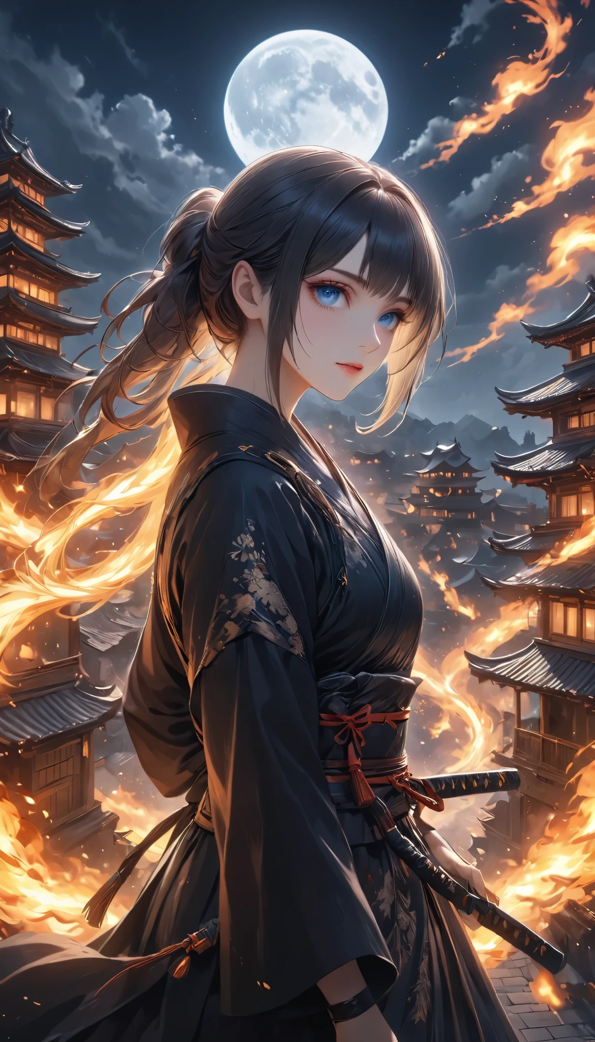 beautiful female ninja, quick attacking posture, Clear Blue Eyes Shine Sharply, Starts at You, on the roof, traditional Japanese castle, dark tones, Moonlight Backlight, Covert Operation Covered by Dark Night, DGCU, BREAK She's looking down at the castle town burning below her eyes...