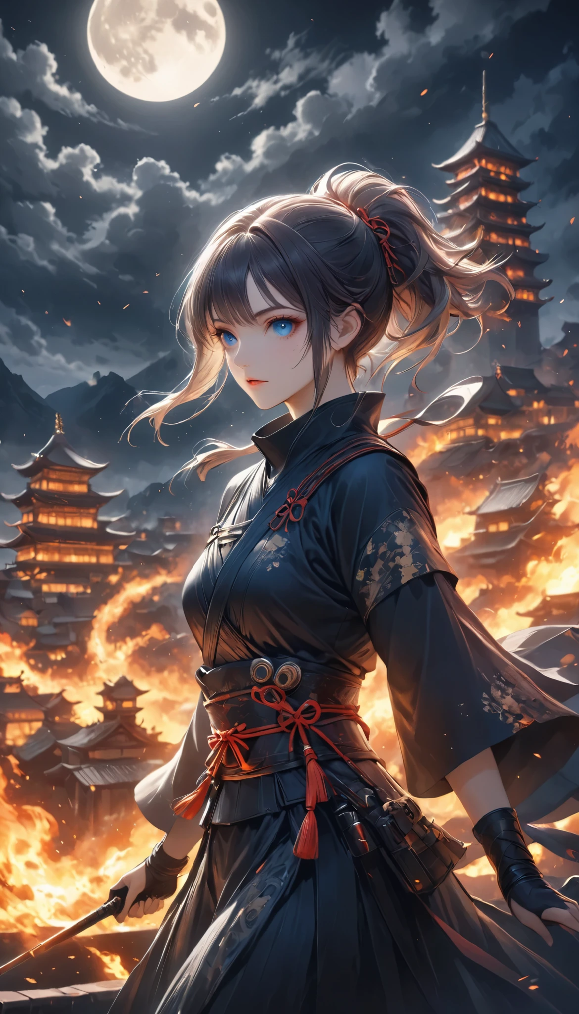 beautiful female ninja, quick attacking posture, Clear Blue Eyes Shine Sharply, Starts at You, on the roof, traditional Japanese castle, dark tones, Moonlight Backlight, Covert Operation Covered by Dark Night, DGCU, BREAK She's looking down at the castle town burning below her eyes...