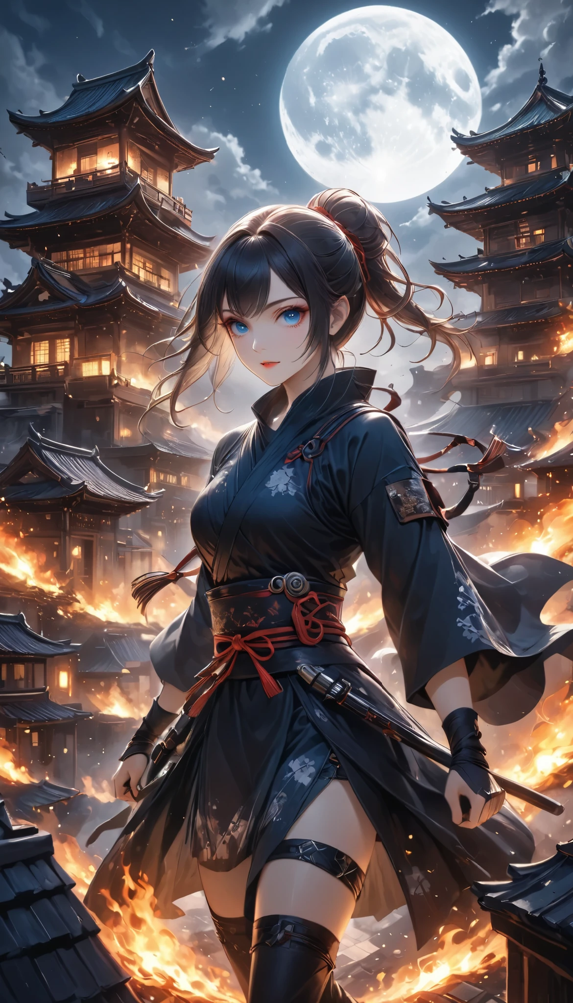 beautiful female ninja, quick attacking posture, Clear Blue Eyes Shine Sharply, Starts at You, on the roof, traditional Japanese castle, dark tones, Moonlight Backlight, Covert Operation Covered by Dark Night, DGCU, BREAK She's looking down at the castle town burning below her eyes...