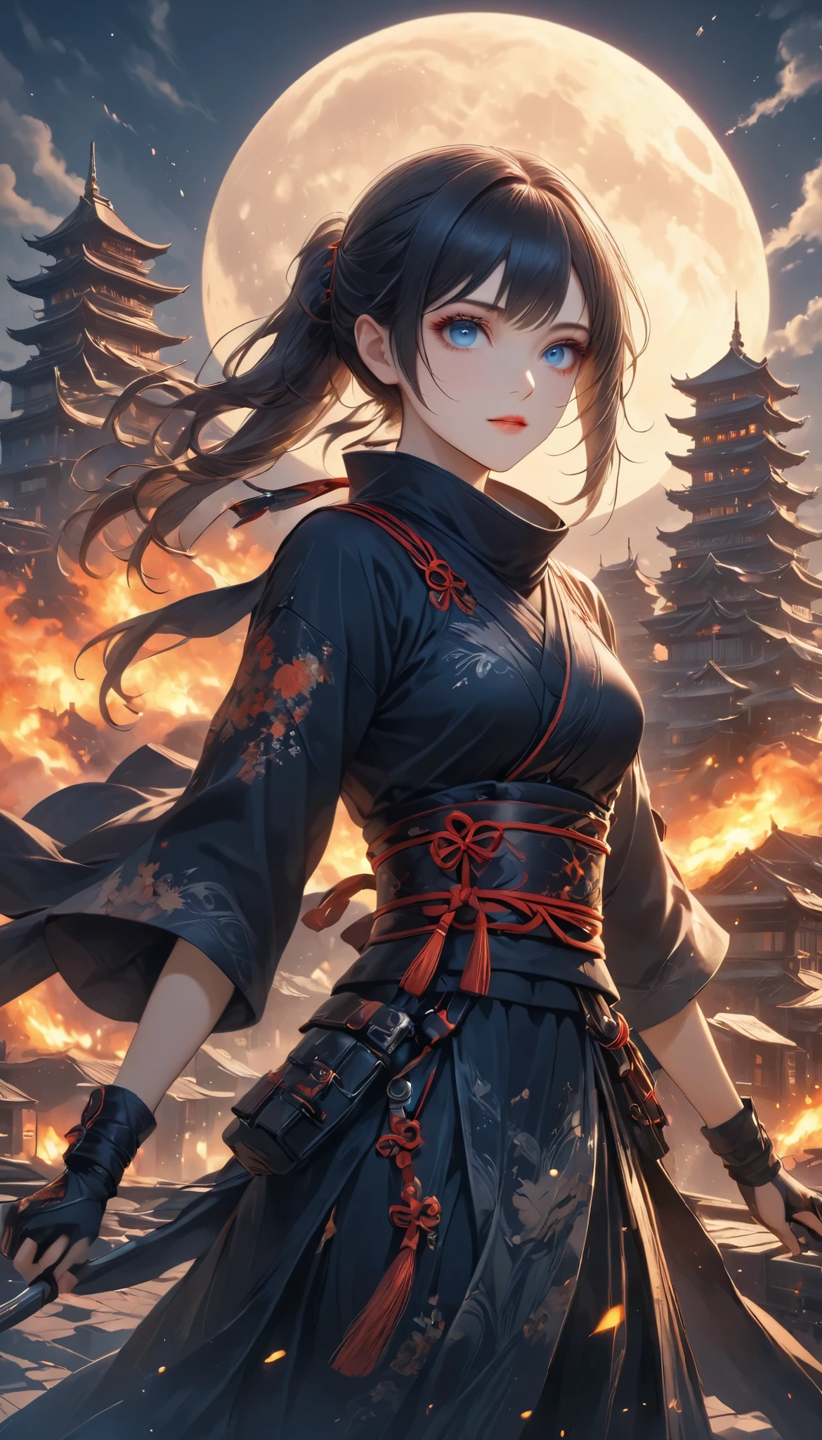 beautiful female ninja, quick attacking posture, Clear Blue Eyes Shine Sharply, Starts at You, on the roof, traditional Japanese castle, dark tones, Moonlight Backlight, Covert Operation Covered by Dark Night, DGCU, BREAK She's looking down at the castle town burning below her eyes...