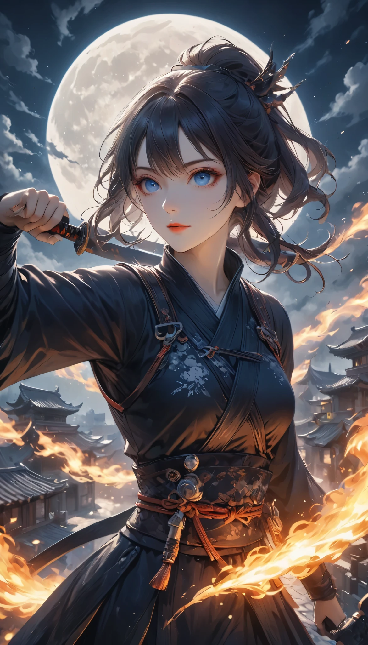 beautiful female ninja, quick attacking posture, Clear Blue Eyes Shine Sharply, Starts at You, on the roof, traditional Japanese castle, dark tones, Moonlight Backlight, Covert Operation Covered by Dark Night, DGCU, BREAK She's looking down at the castle town burning below her eyes...