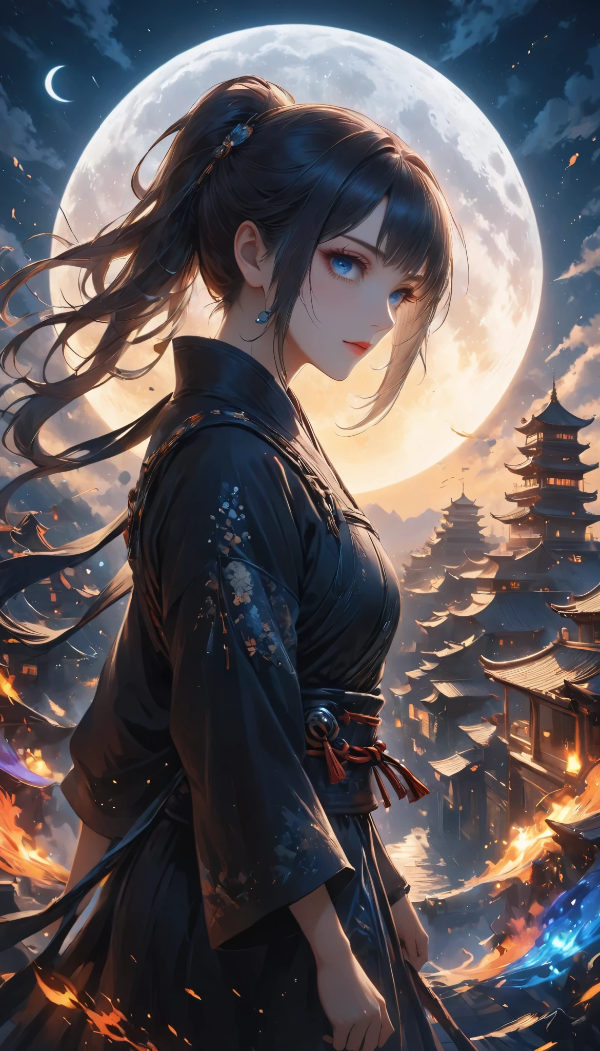 beautiful female ninja, quick attacking posture, Clear Blue Eyes Shine Sharply, Starts at You, on the roof, traditional Japanese castle, dark tones, Moonlight Backlight, Covert Operation Covered by Dark Night, DGCU