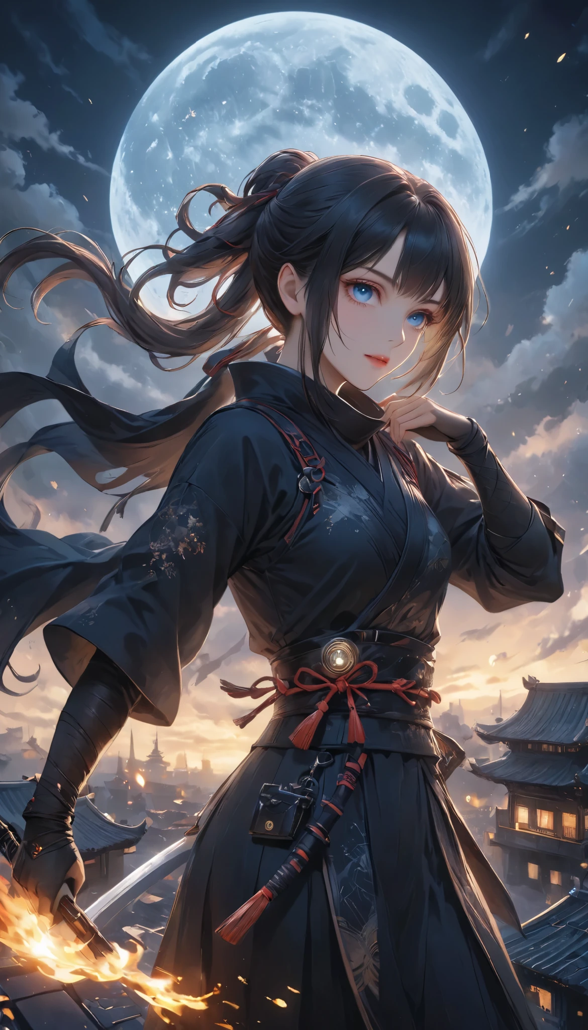beautiful female ninja, quick attacking posture, Clear Blue Eyes Shine Sharply, Starts at You, on the roof, traditional Japanese castle, dark tones, Moonlight Backlight, Covert Operation Covered by Dark Night, DGCU
