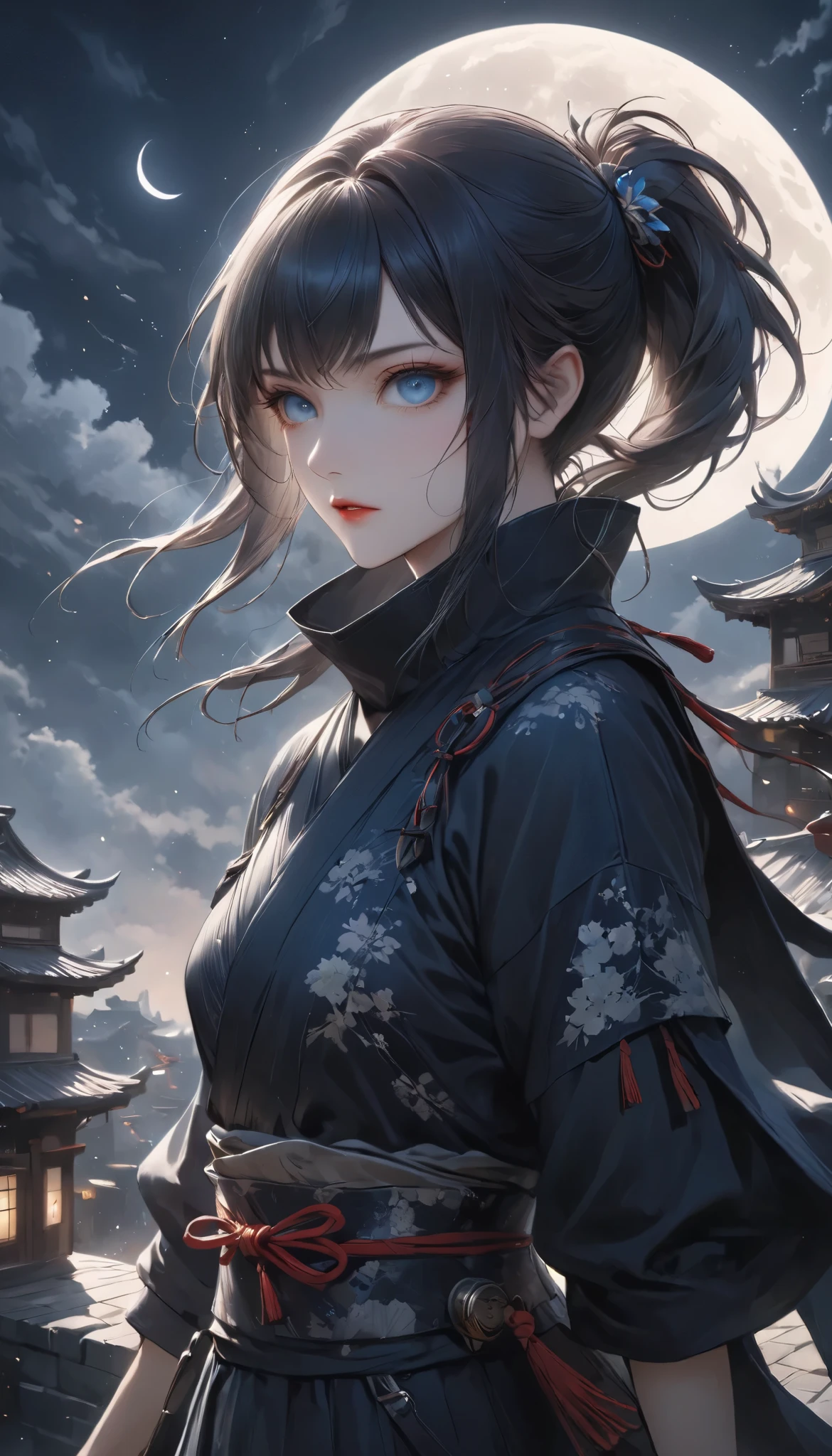 beautiful female ninja, quick attacking posture, Clear Blue Eyes Shine Sharply, Starts at You, on the roof, traditional Japanese castle, dark tones, Moonlight Backlight, Covert Operation Covered by Dark Night, DGCU
