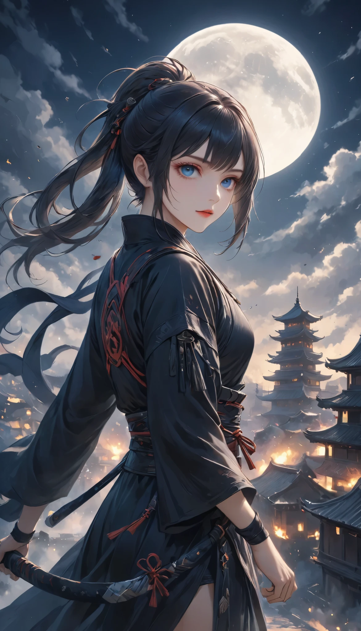 beautiful female ninja, quick attacking posture, Clear Blue Eyes Shine Sharply, Starts at You, on the roof, traditional Japanese castle, dark tones, Moonlight Backlight, Covert Operation Covered by Dark Night, DGCU