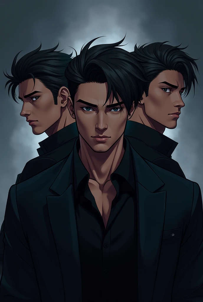 realistic detailed portrait of a young man with short black hair combed back, hair back, mischievous smile, raised chin, look of superiority, dramatic lighting, dark moody background, staly manga, manga, cinematic, hyperrealistic, chiaroscuro, atmosphere dramatic, sharp focus, ultra-detailed, (best quality, 4k, 8k, high resolution, masterpiece: 1.2), ultra-detailed, (realistic, photorealistic, photorealistic: 1.37)