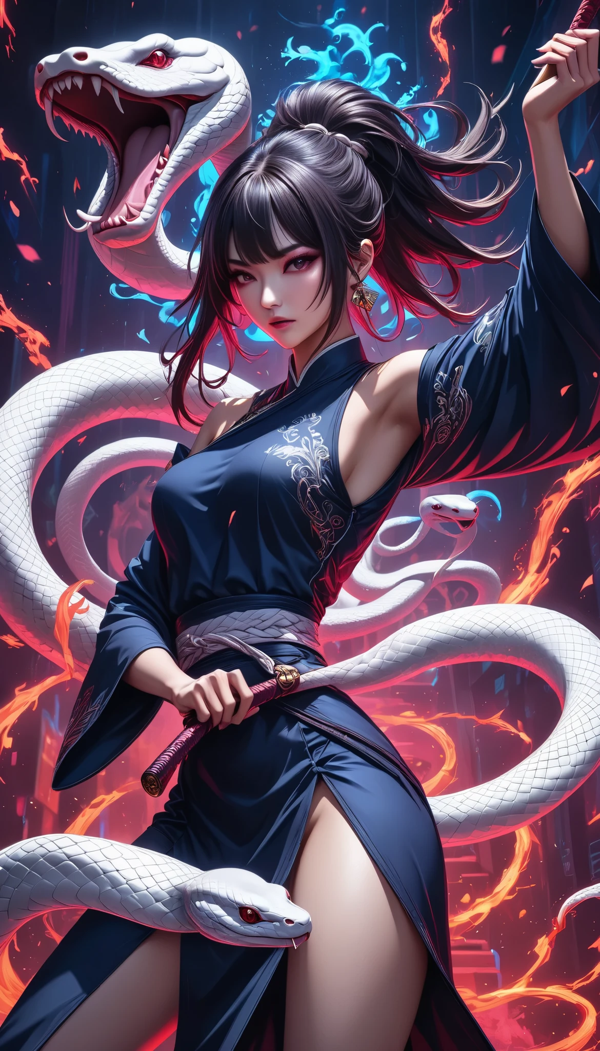 Full color, BREAK Ultra-realism, Detailed and realistic skin texture, Detailed and intricate texture, Detailed and intricate brushwork, Detailed and clear depiction, aesthetic, white snake and martial artist, wearing traditional dark navy Chinese dress, tight and short for fighting, Enchanting, Alluring, Pop Dark Fantasy BREAK Neon Art Background, Cinematic lighting effects, Cryptic, BREAK Dynamic fighting, 