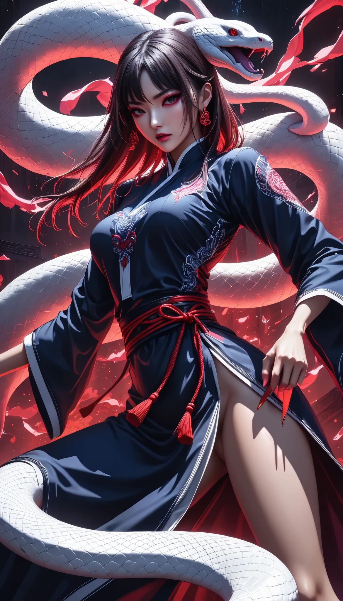 Full color, BREAK Ultra-realism, Detailed and realistic skin texture, Detailed and intricate texture, Detailed and intricate brushwork, Detailed and clear depiction, aesthetic, white snake and martial artist, wearing traditional dark navy Chinese dress, tight and short for fighting, Enchanting, Alluring, Pop Dark Fantasy BREAK Neon Art Background, Cinematic lighting effects, Cryptic, BREAK Dynamic fighting,