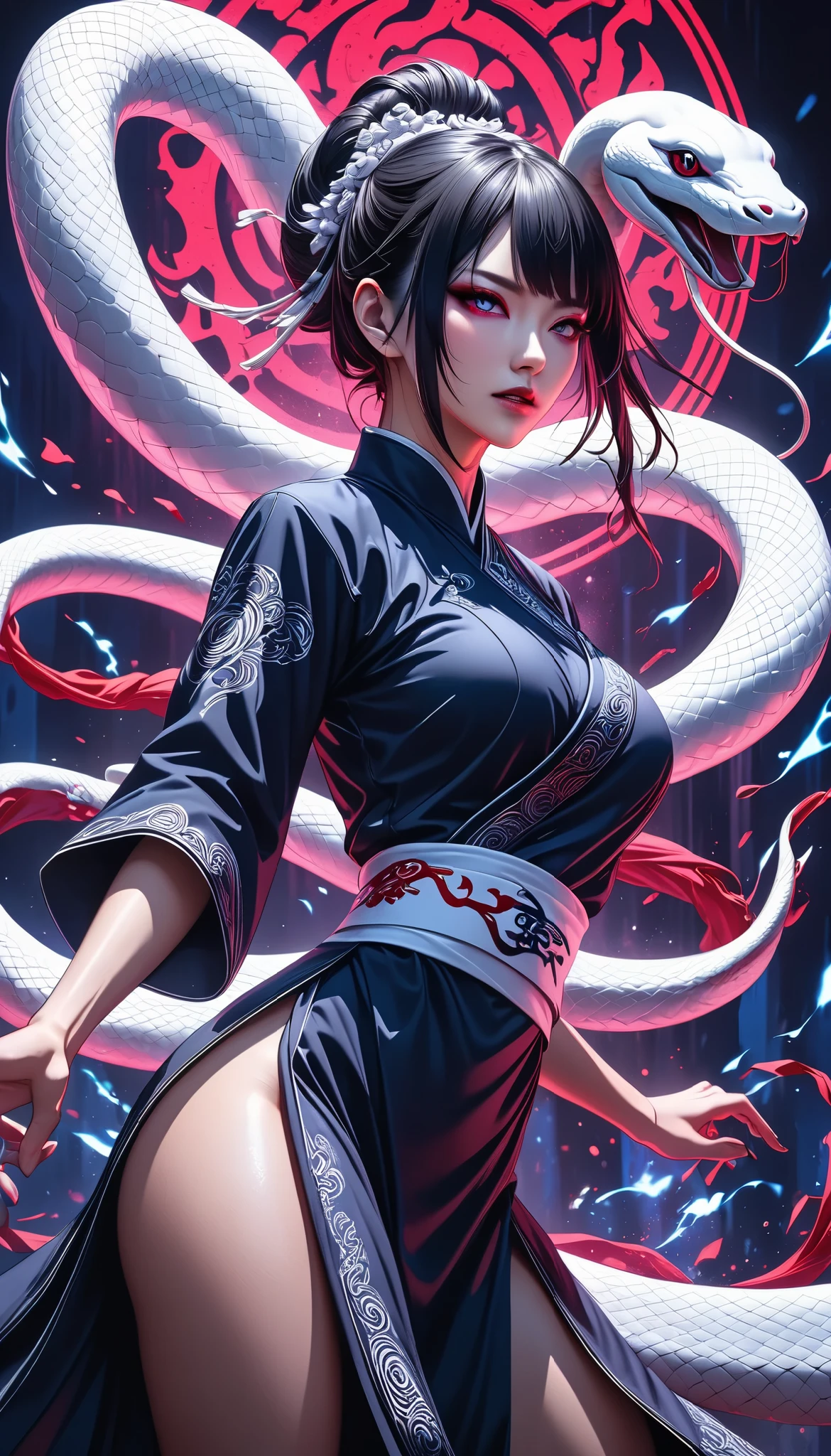 Full color, BREAK Ultra-realism, Detailed and realistic skin texture, Detailed and intricate texture, Detailed and intricate brushwork, Detailed and clear depiction, aesthetic, white snake and martial artist, wearing traditional dark navy Chinese dress, tight and short for fighting, Enchanting, Alluring, Pop Dark Fantasy BREAK Neon Art Background, Cinematic lighting effects, Cryptic, BREAK Dynamic fighting,