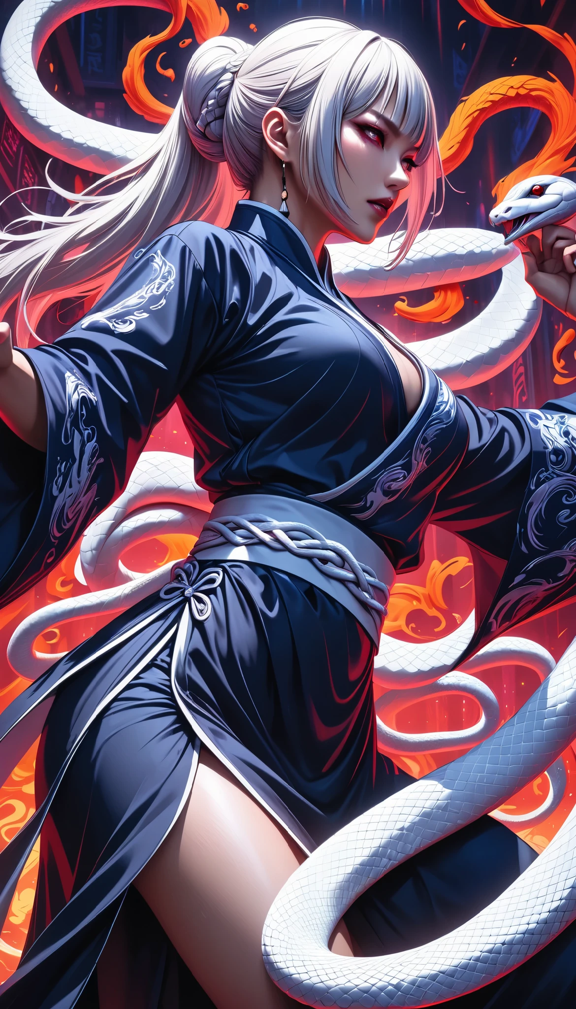 Full color, BREAK Ultra-realism, Detailed and realistic skin texture, Detailed and intricate texture, Detailed and intricate brushwork, Detailed and clear depiction, aesthetic, white snake and martial artist, wearing traditional dark navy Chinese dress, tight and short for fighting, Enchanting, Alluring, Pop Dark Fantasy BREAK Neon Art Background, Cinematic lighting effects, Cryptic, BREAK Dynamic fighting,