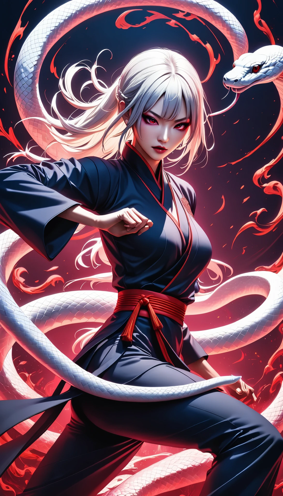 Full color, BREAK Ultra-realism, Detailed and realistic skin texture, Detailed and intricate texture, Detailed and intricate brushwork, Detailed and clear depiction, aesthetic, white snake and martial artist, wearing traditional dark navy Chinese dress, tight and short for fighting, Enchanting, Alluring, Pop Dark Fantasy BREAK Neon Art Background, Cinematic lighting effects, Cryptic, BREAK Dynamic fighting,