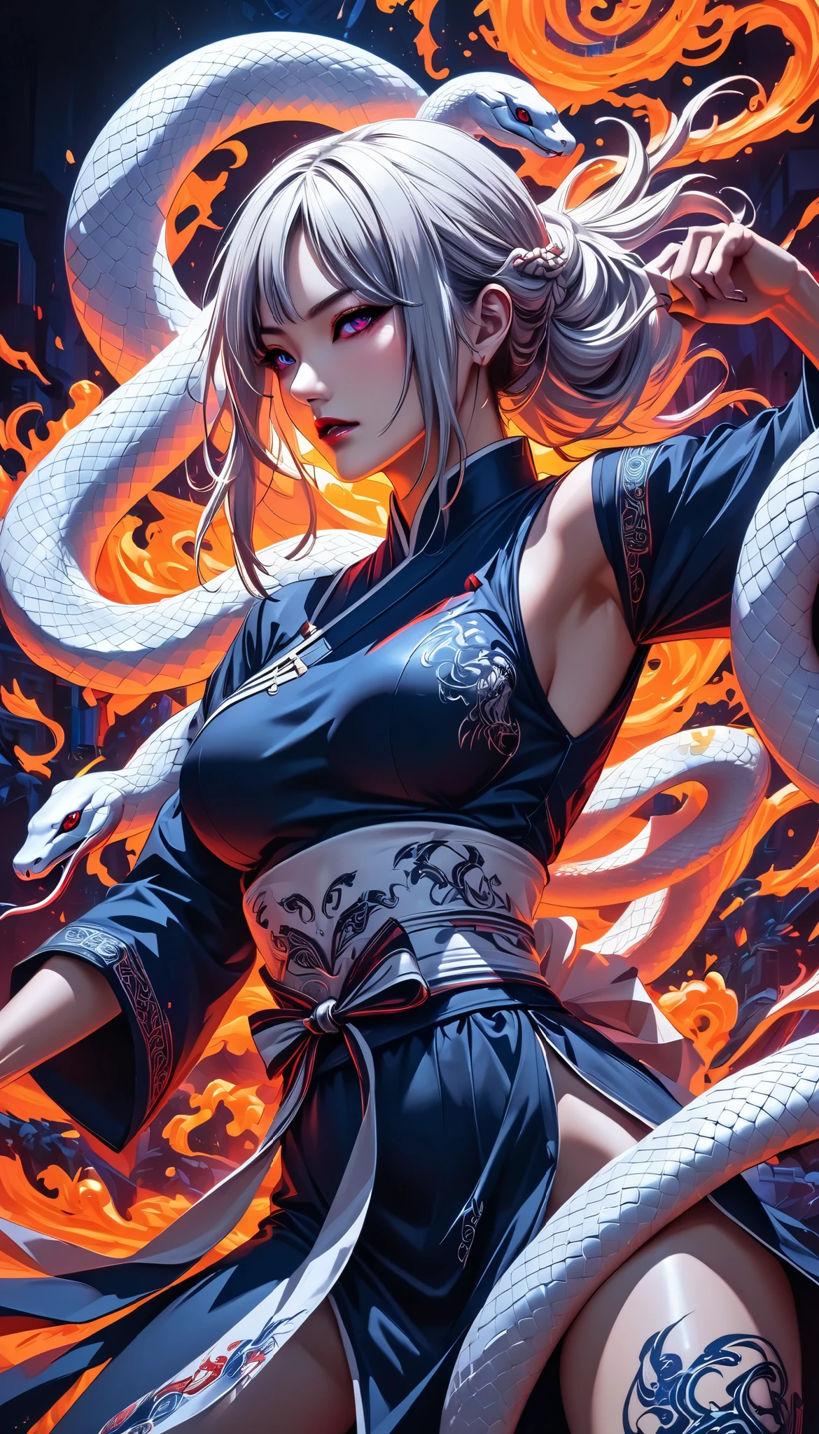 Full color, BREAK Ultra-realism, Detailed and realistic skin texture, Detailed and intricate texture, Detailed and intricate brushwork, Detailed and clear depiction, aesthetic, white snake and martial artist, wearing traditional dark navy Chinese dress, tight and short for fighting, Enchanting, Alluring, Pop Dark Fantasy BREAK Neon Art Background, Cinematic lighting effects, Cryptic, BREAK Dynamic fighting,