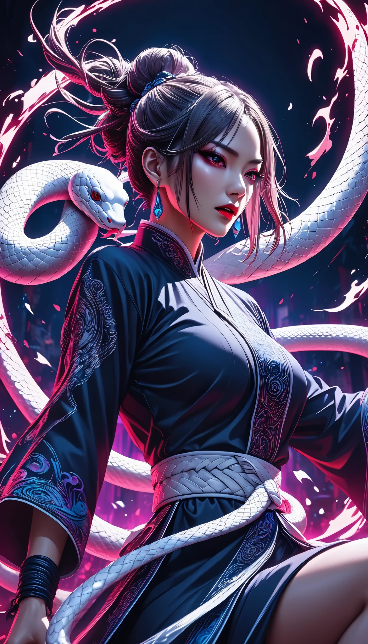 Full color, BREAK Ultra-realism, Detailed and realistic skin texture, Detailed and intricate texture, Detailed and intricate brushwork, Detailed and clear depiction, aesthetic, white snake and martial artist, wearing traditional dark navy Chinese dress, tight and short for fighting, Enchanting, Alluring, Pop Dark Fantasy BREAK Neon Art Background, Cinematic lighting effects, Cryptic, BREAK Dynamic fighting,