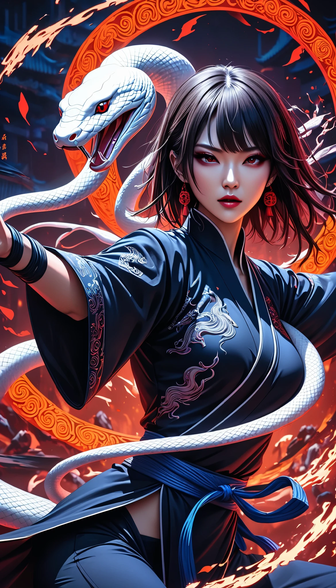 Full color, BREAK Ultra-realism, Detailed and realistic skin texture, Detailed and intricate texture, Detailed and intricate brushwork, Detailed and clear depiction, aesthetic, white snake and martial artist, wearing traditional dark navy Chinese dress, tight and short for fighting, Enchanting, Alluring, Pop Dark Fantasy BREAK Neon Art Background, Cinematic lighting effects, Cryptic, BREAK Dynamic fighting,