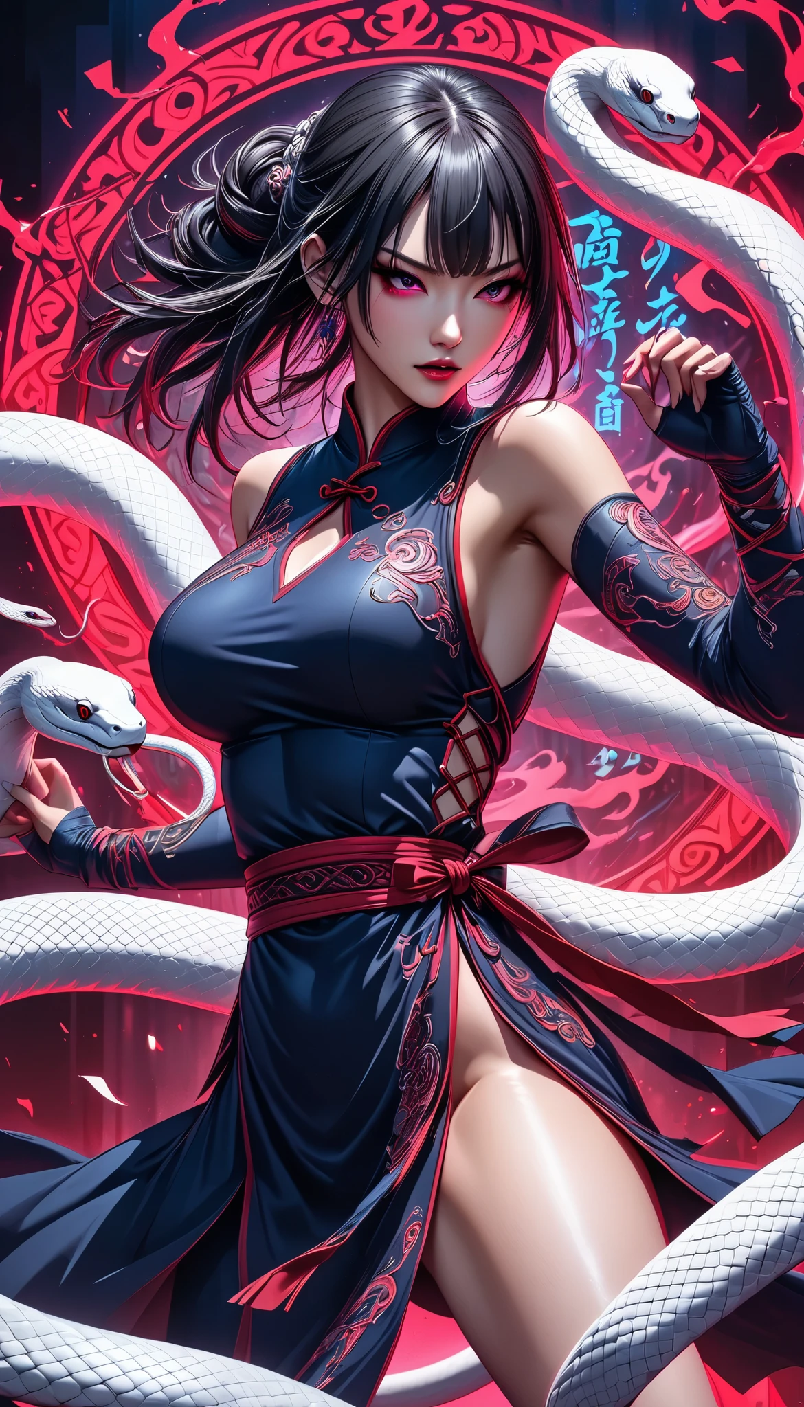 Full color, BREAK Ultra-realism, Detailed and realistic skin texture, Detailed and intricate texture, Detailed and intricate brushwork, Detailed and clear depiction, aesthetic, white snake and martial artist, wearing traditional dark navy Chinese dress, tight and short for fighting, Enchanting, Alluring, Pop Dark Fantasy BREAK Neon Art Background, Cinematic lighting effects, Cryptic, BREAK Dynamic fighting,