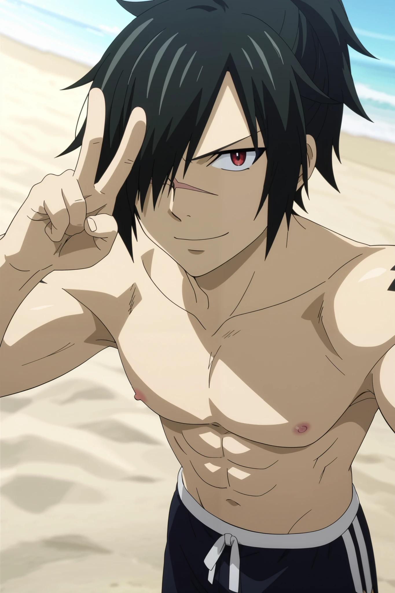 score_9, score_8_up, score_7_up, source_anime, rating_safe, rogue_cheney, black hair, red eyes, ponytail, hair over one eye, scar, tattoo, close-up, happy,, 1boy, male focus, anime screencap, best quality, official style, depth of field, looking at viewer, sky background with soft shadows, soft blue lighting highlighting his features, high-quality anime details, vivid colors, official style, Expressiveh, best quality, amazing quality, very aesthetic, high resolution, ultra-detailed, absurdres, newest, volumetric lighting, masterpiece, scenery, depth of field, BREAK, outdoors, beach, BREAK, male, solo, male focus, toned male, 'BREAK, standing, smirking, peace sign, BREAK, viewed from above, selfie angle, looking at viewer, cowboy shot, BREAK, (shirtless), BREAK, (male swimwear, black trunks), thighs, BREAK smile happy