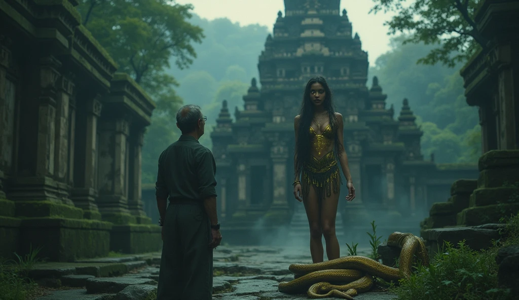 "A hyper-realistic, wide-angle night scene in a dense jungle, with Maria, a blonde woman, bound with rough ropes, lying unconscious on a stone sacrificial altar under a large, menacing statue. Surrounding her, scary tribal people with fierce expressions and traditional tribal attire are performing a ritual. The scene is illuminated by flickering torchlight, casting dramatic shadows and creating a tense, eerie atmosphere. The jungle background is dark and detailed, enhancing the cinematic and realistic feel."