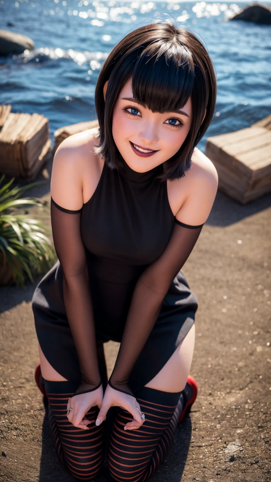 ((best quality)), ((highly detailed)), masterpiece, absurdres, (detailed eyes, deep eyes), (1girl), from above, bird's-eye view, on all fours, MavisNSFW, black hair, medium hair, blue eyes, black lips, fangs, medium breasts, smiling, black dress, short dress, striped thighhighs, (outdoors, at a city, afternoon)