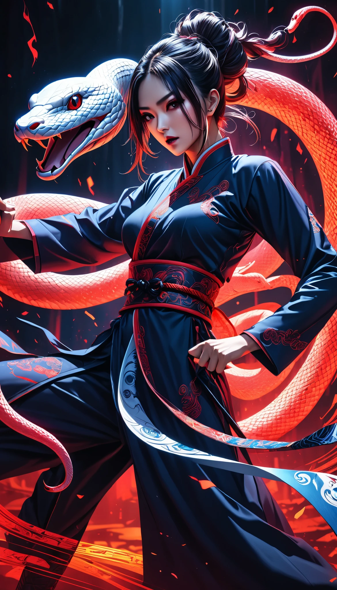 Full color, BREAK Ultra-realism, Detailed and realistic skin texture, Detailed and intricate texture, Detailed and intricate brushwork, Detailed and clear depiction, aesthetic, white snake and martial artist, wearing traditional dark navy Chinese dress, tight and short for fighting, Enchanting, Alluring, Pop Dark Fantasy BREAK Neon Art Background, Cinematic lighting effects, Cryptic, BREAK Dynamic fighting,