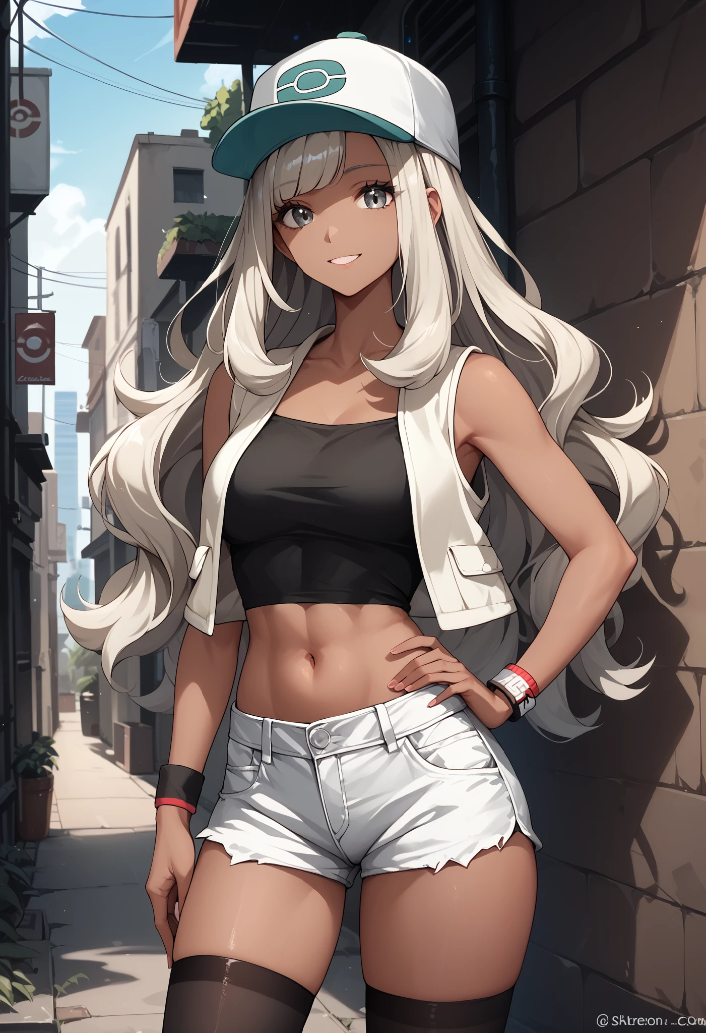 1girl, mature woman, medium breasts, small waist, slight smile, looking at viewer, pokemonselene, (dark skin), grey eyes, platinum blonde hair, very long hair, wavy hair, bangs, long bangs, baseball cap, white shorts, denim, hat, micro shorts, vest, wristband, sleeveless, white vest, black croptop, micro shirt, black thighhighs, outdoors, city, dark backalley, standing, midriff,