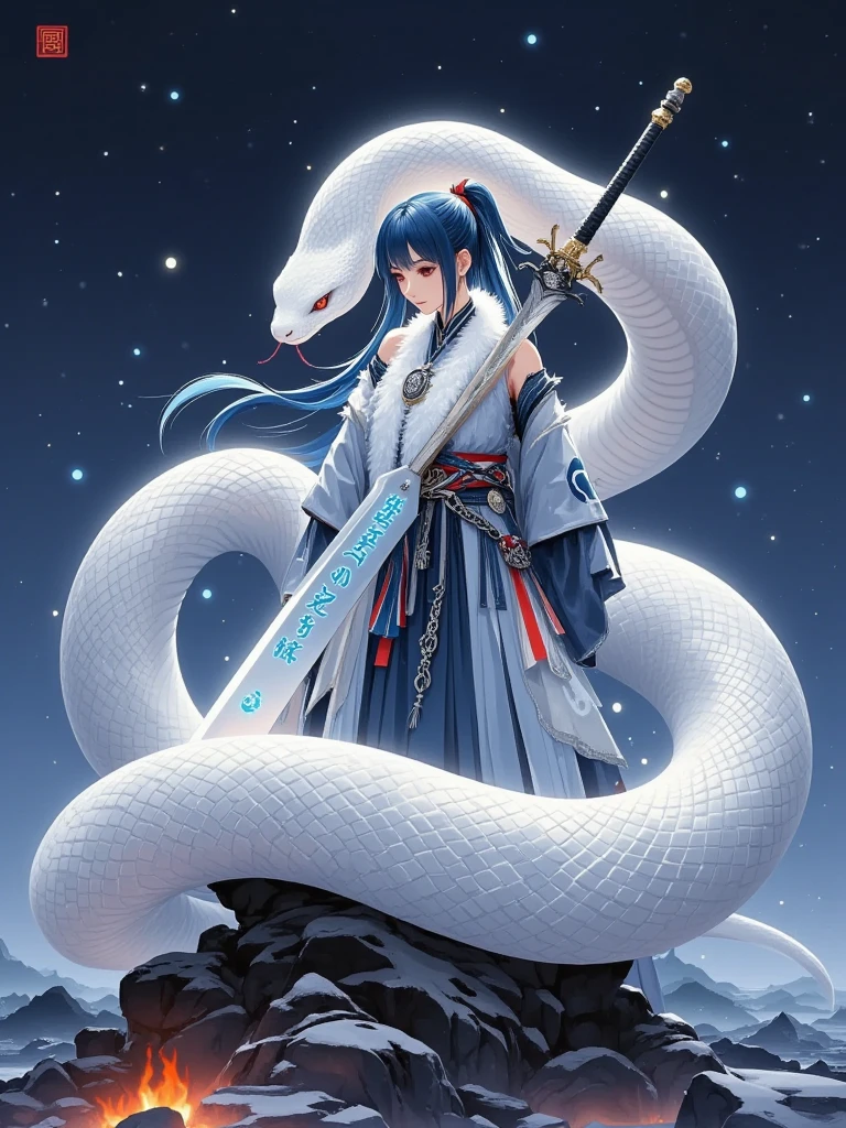 Cover your eyes with a cloth,Girl, He is holding a sword decorated with the Japanese symbol of life., Blue flames coming out of the decoration, A dragon came out of it、A blue wind blows with a skull ghost, Perfect Judy with a face and scythe,The woman is wearing a proper white outfit made of sickle steel., The woman's hair is black, The woman is the incarnation of a vampire., Dragon on background,(The background of the CG 8k module is very detailed) (Highest quality), (Best illustrations), (Best shade), Very detailed t--v6