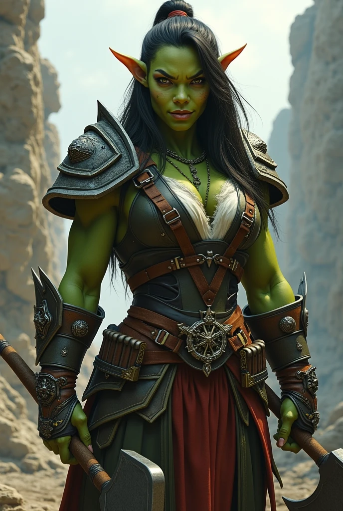 A A beautiful tough female orc, (cute sexy face:1.3), tall athletic muscular body, broad shoulders, long limbs, (green skin:1.5), (cute sexy orc tusks:1.3), amber red eyes, long black hair, black pirate hat with a folded side and feather, black sleeveless trench coat, wielding a battle axe, long black leather boots, sheriff style, fantasy art, one female, cowboy shot, from below, masterpiece, best quality, ultra res, 8k, dept of field, insane detailled
