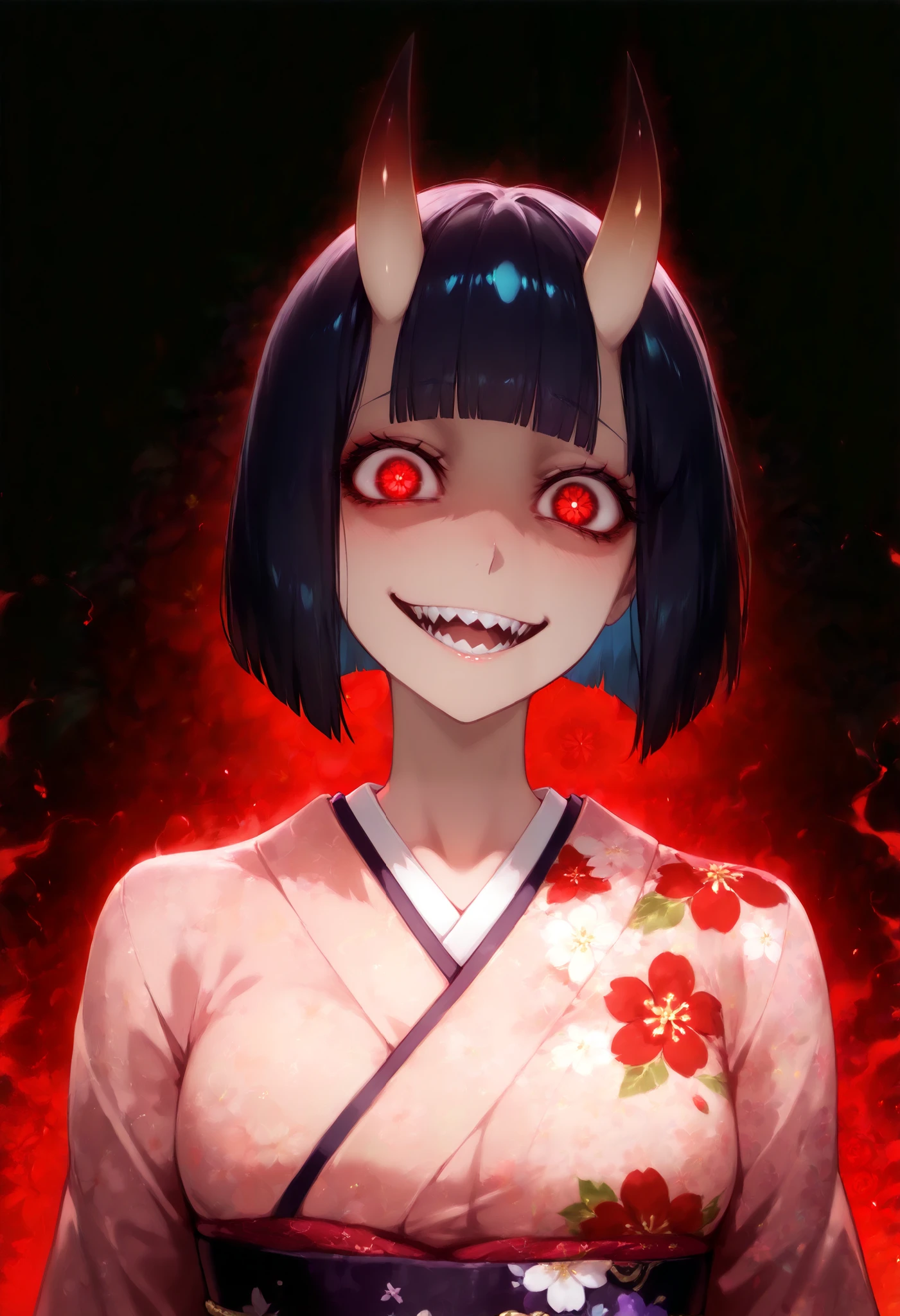score_9, score_8_up, score_7_up, (yandere, insane, horror, dark art), (1girl, solo), (upper body, portrait), (black short hair, bob cut, blunt bangs), (h-oni, brown ONI horns), red glowing eyes, wide smile, sharp teeth, (Japanese clothes, kimono, floral print, sash, long sleeves, obi), (simple background, dark background)