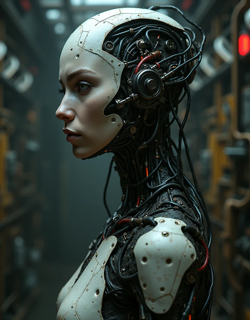 Dystopian night scene, hydraulic cylinders, very intricate details, Japanese woman in skeleton-like armor, beautiful face, legs, poses in motion, super realism, realistic photography, taken with Fuji film X-T30+Nokton. HDR10